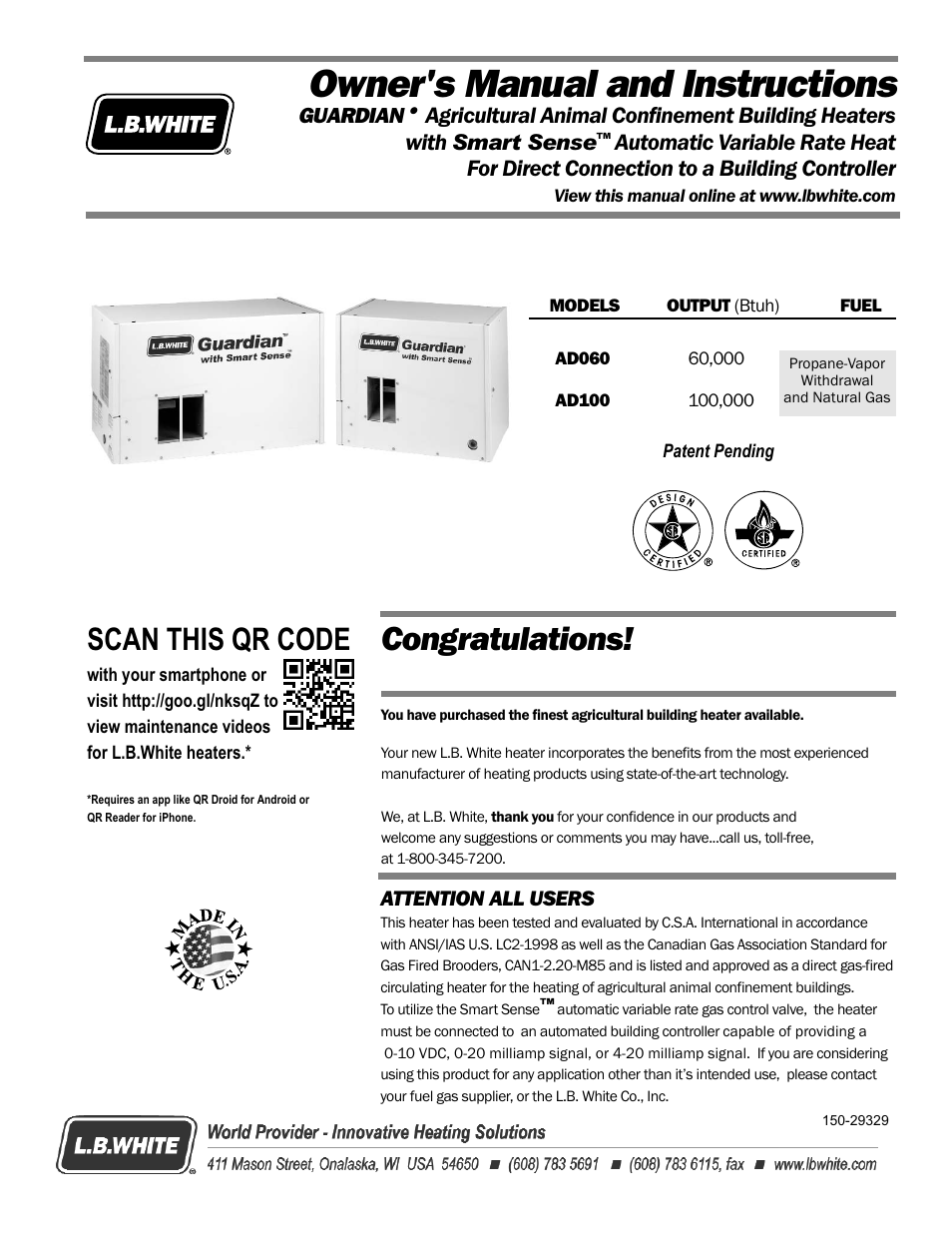 L.B. White Guardian with Smart Sense - Spark Ignition (60K / 100K) User Manual | 31 pages