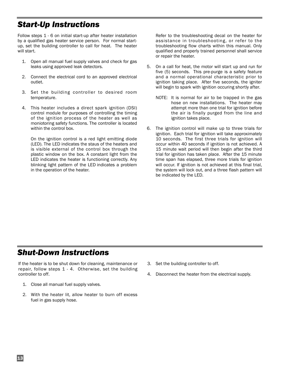 Shut-down instructions, Start-up instructions | L.B. White Guardian with Smart Sense - Spark Ignition (60K / 100K) User Manual | Page 14 / 31