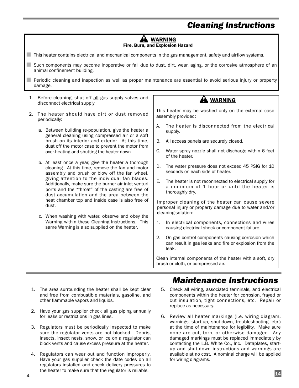 Cleaning instructions maintenance instructions | L.B. White Guardian with Smart Sense - Spark Ignition (60K / 100K) User Manual | Page 15 / 31