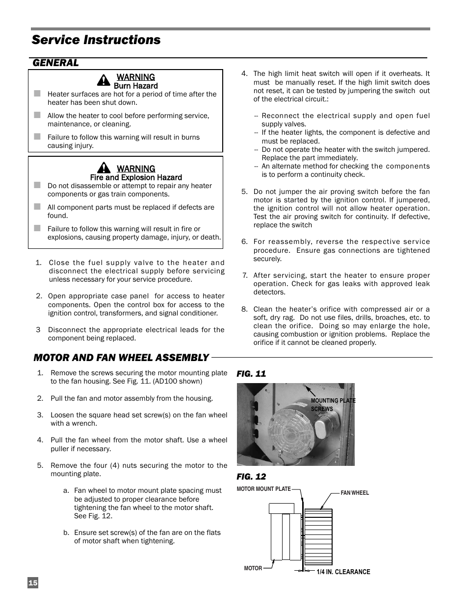 Service instructions, General, Motor and fan wheel assembly | L.B. White Guardian with Smart Sense - Spark Ignition (60K / 100K) User Manual | Page 16 / 31