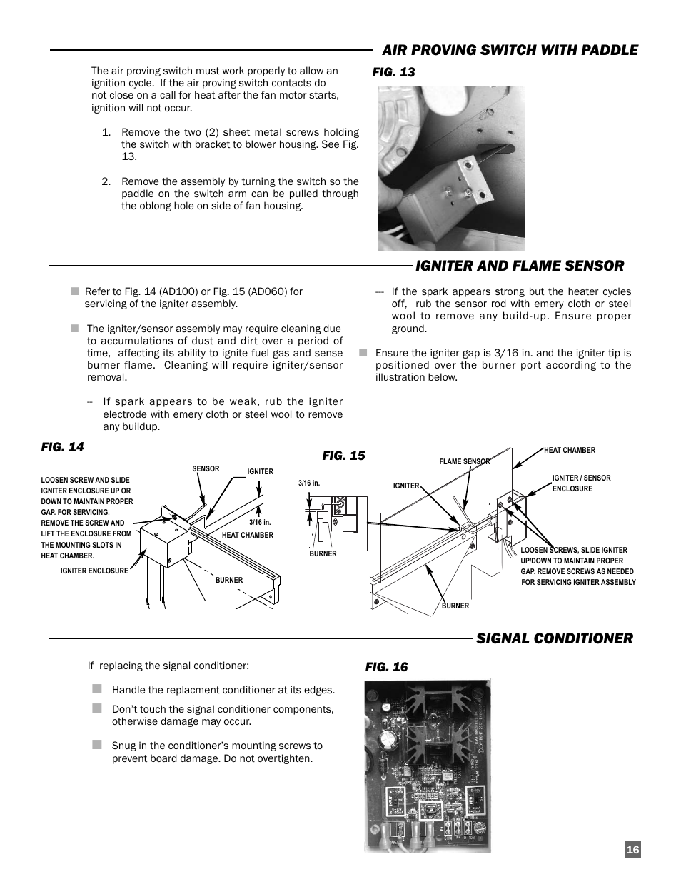 Air proving switch with paddle, Signal conditioner, Igniter and flame sensor | Fig. 13, Fig. 16, Fig. 15 fig. 14 | L.B. White Guardian with Smart Sense - Spark Ignition (60K / 100K) User Manual | Page 17 / 31