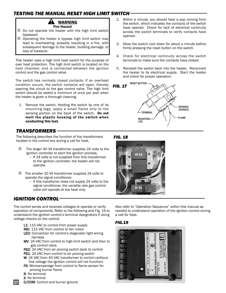 Testing the manual reset high limit switch, Transformers, Ignition control | L.B. White Guardian with Smart Sense - Spark Ignition (60K / 100K) User Manual | Page 18 / 31