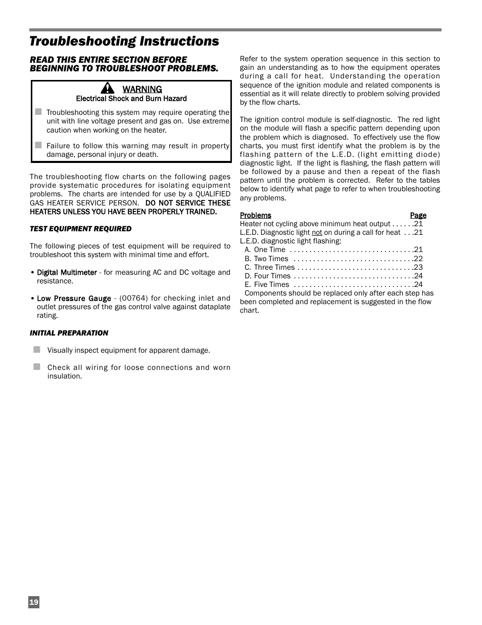 Troubleshooting instructions | L.B. White Guardian with Smart Sense - Spark Ignition (60K / 100K) User Manual | Page 20 / 31