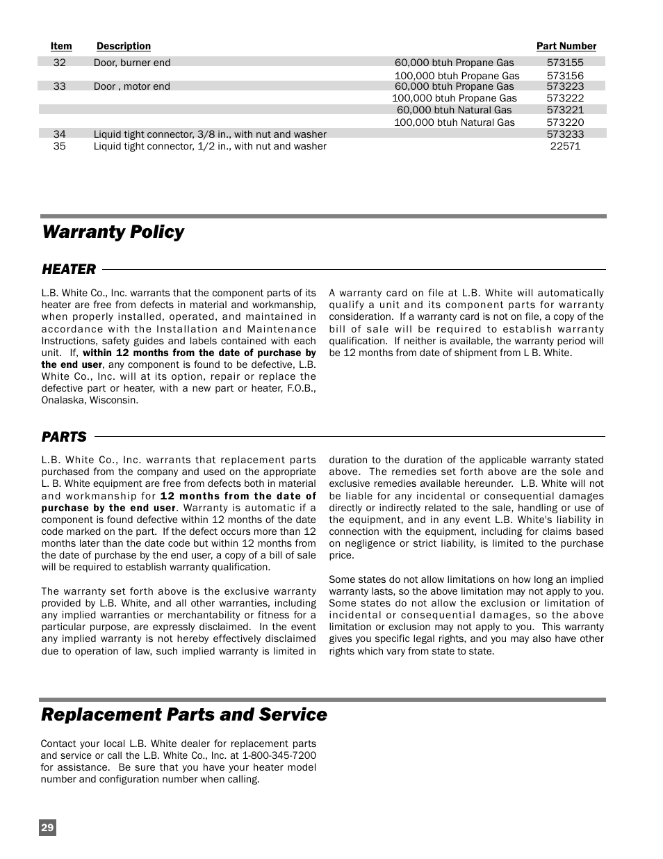 Warranty policy replacement parts and service, Heater parts | L.B. White Guardian with Smart Sense - Spark Ignition (60K / 100K) User Manual | Page 30 / 31