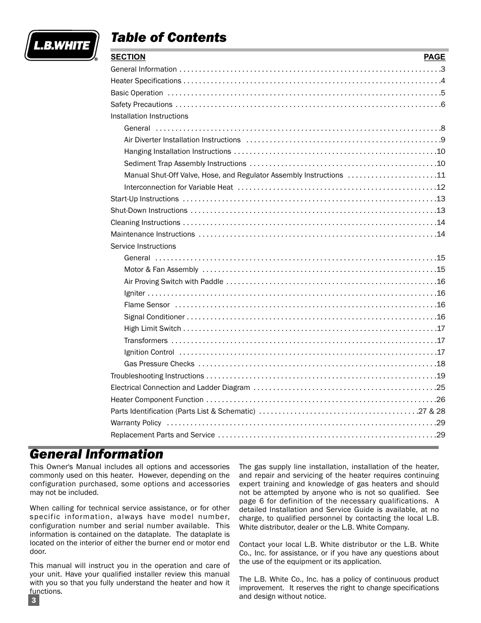 Table of contents general information | L.B. White Guardian with Smart Sense - Spark Ignition (60K / 100K) User Manual | Page 4 / 31