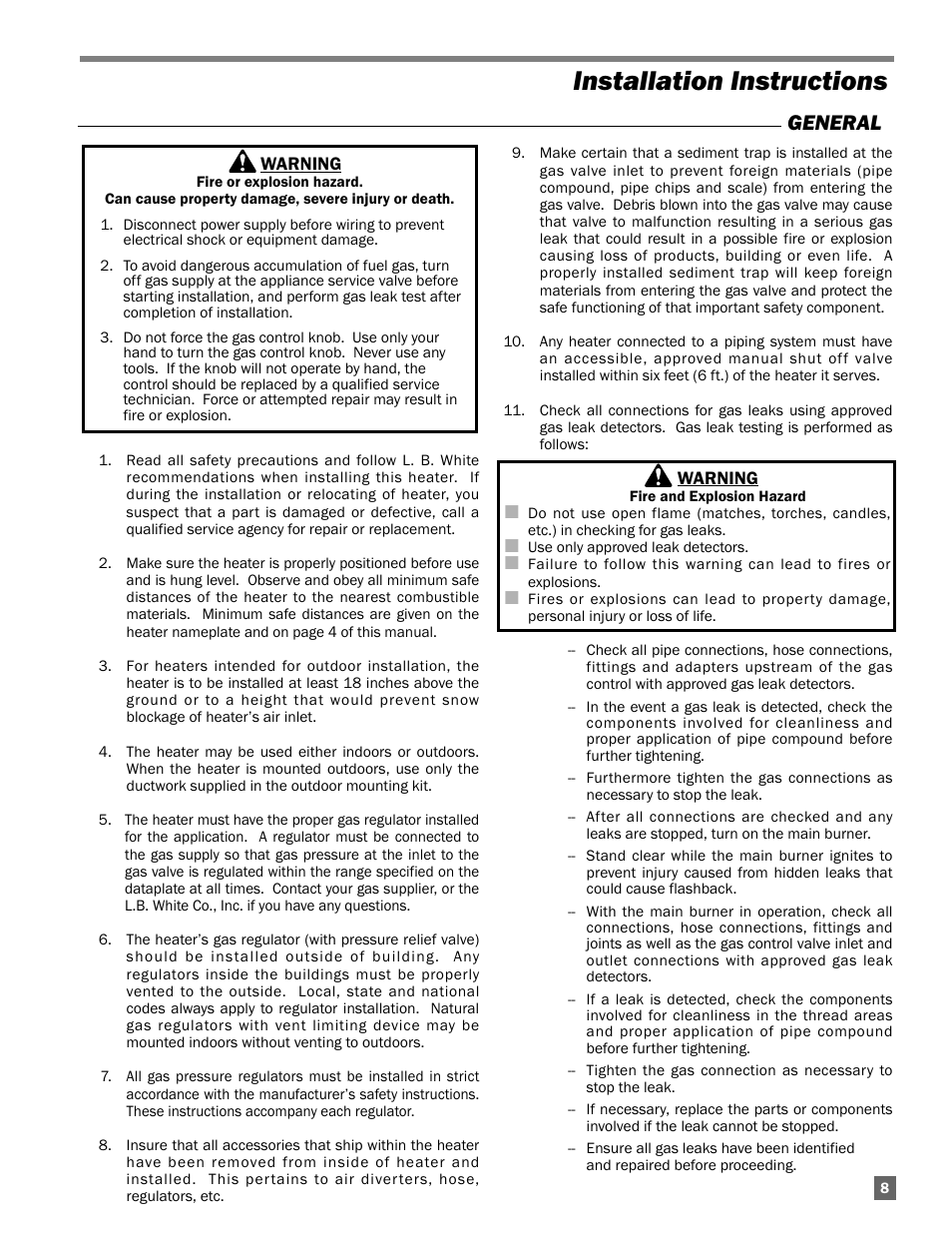 Installation instructions, General | L.B. White Guardian with Smart Sense - Spark Ignition (60K / 100K) User Manual | Page 9 / 31