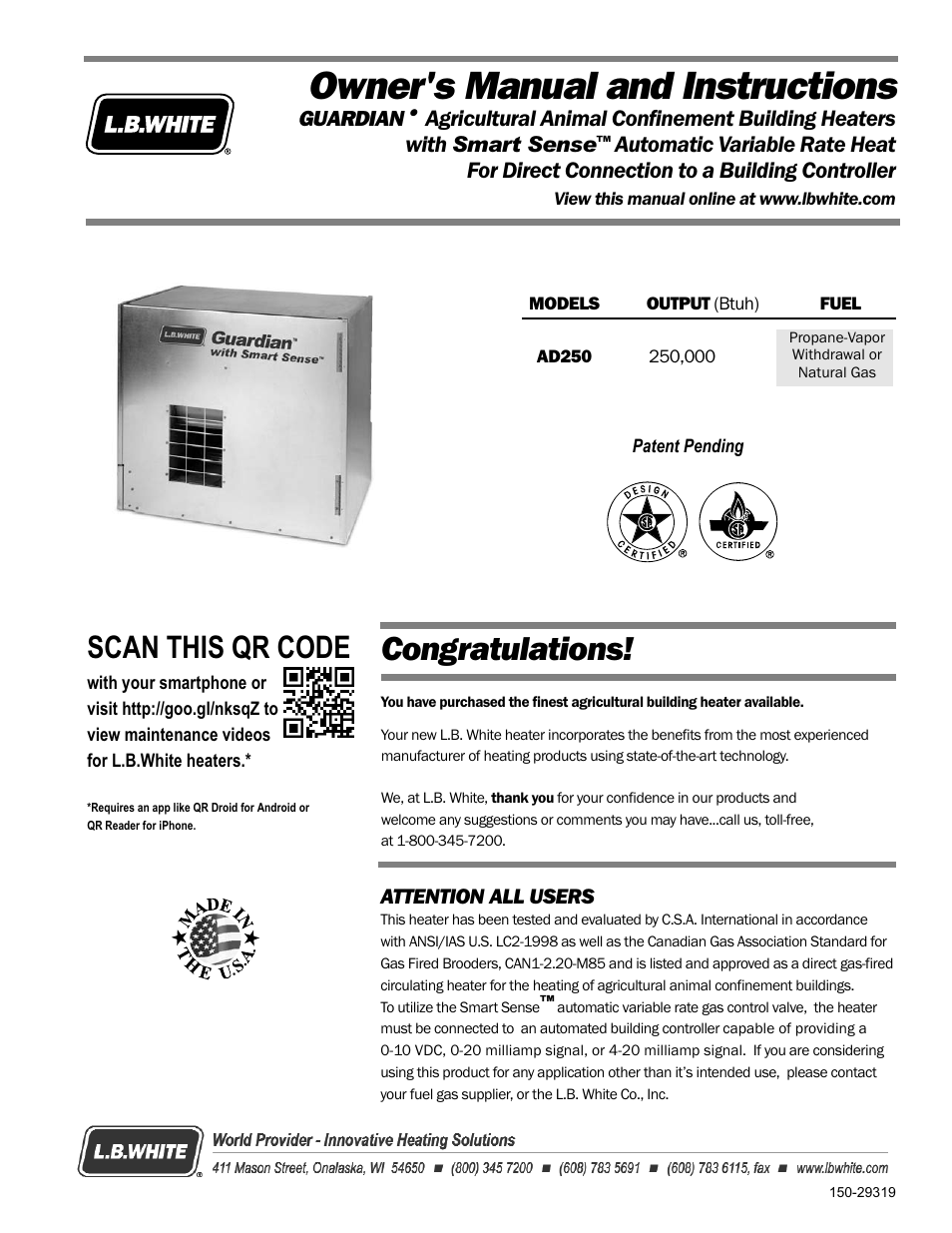 L.B. White Guardian with Smart Sense / Direct Connect - Spark Ignition (250K) User Manual | 30 pages