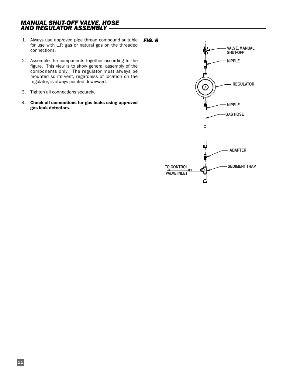 Manual shut-off valve, hose and regulator assembly | L.B. White Guardian with Smart Sense / Direct Connect - Spark Ignition (250K) User Manual | Page 12 / 30