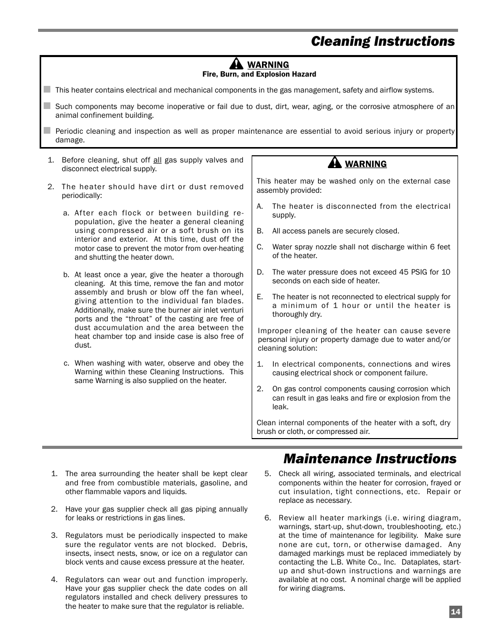 Cleaning instructions maintenance instructions | L.B. White Guardian with Smart Sense / Direct Connect - Spark Ignition (250K) User Manual | Page 15 / 30