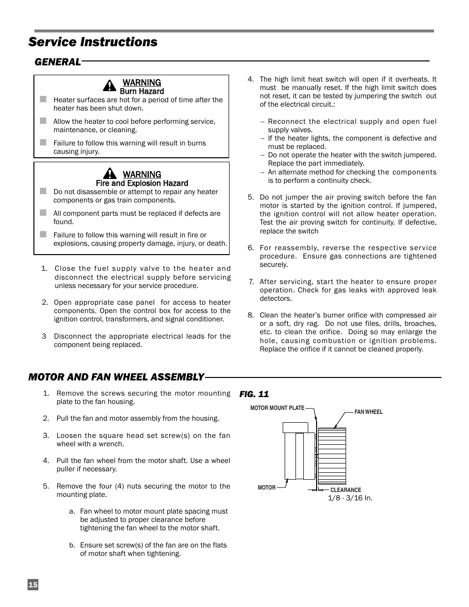 Service instructions, Motor and fan wheel assembly, General | L.B. White Guardian with Smart Sense / Direct Connect - Spark Ignition (250K) User Manual | Page 16 / 30