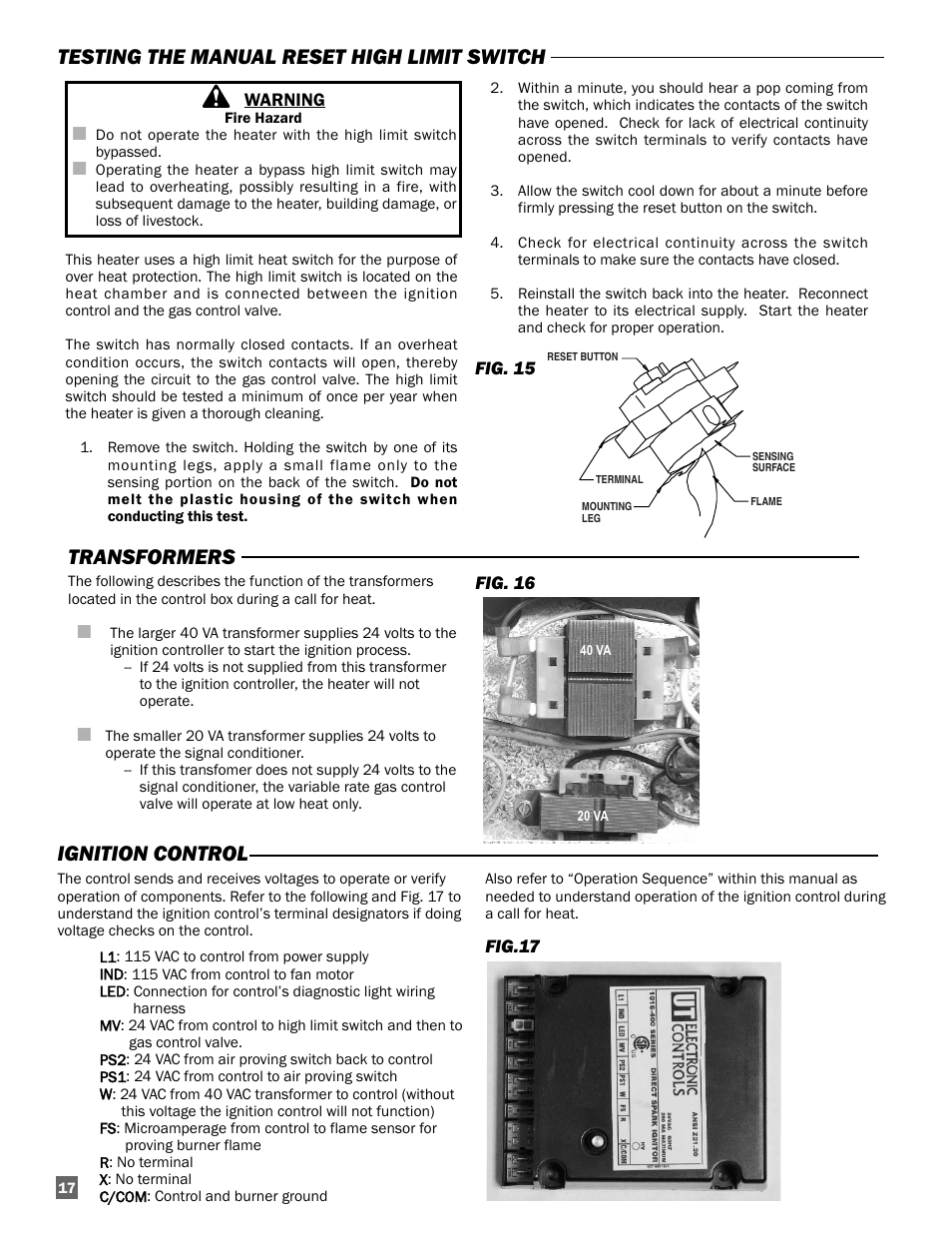 Testing the manual reset high limit switch, Transformers, Ignition control | L.B. White Guardian with Smart Sense / Direct Connect - Spark Ignition (250K) User Manual | Page 18 / 30