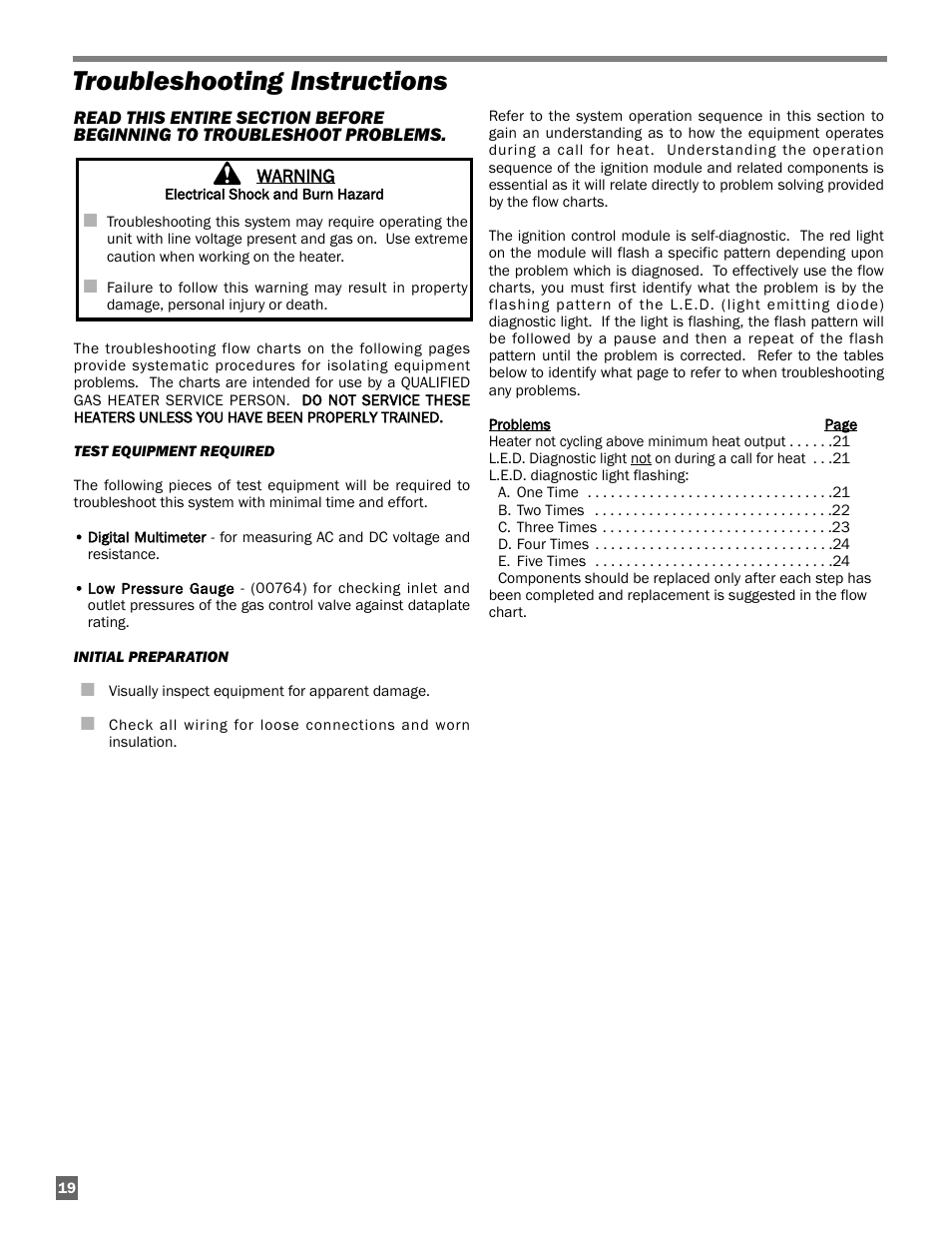 Troubleshooting instructions | L.B. White Guardian with Smart Sense / Direct Connect - Spark Ignition (250K) User Manual | Page 20 / 30