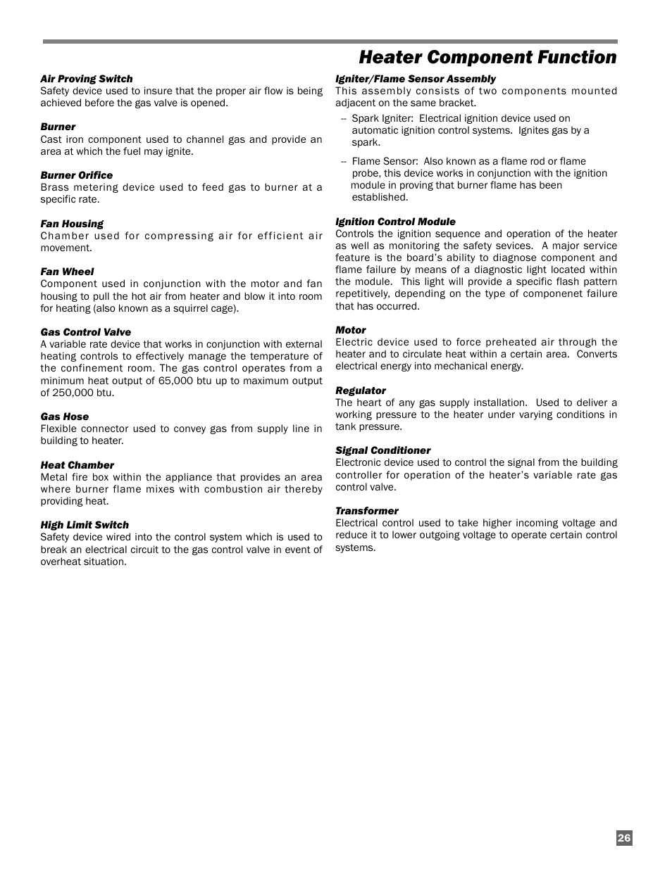 Heater component function | L.B. White Guardian with Smart Sense / Direct Connect - Spark Ignition (250K) User Manual | Page 27 / 30