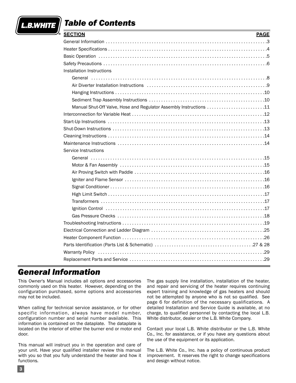 Table of contents general information | L.B. White Guardian with Smart Sense / Direct Connect - Spark Ignition (250K) User Manual | Page 4 / 30