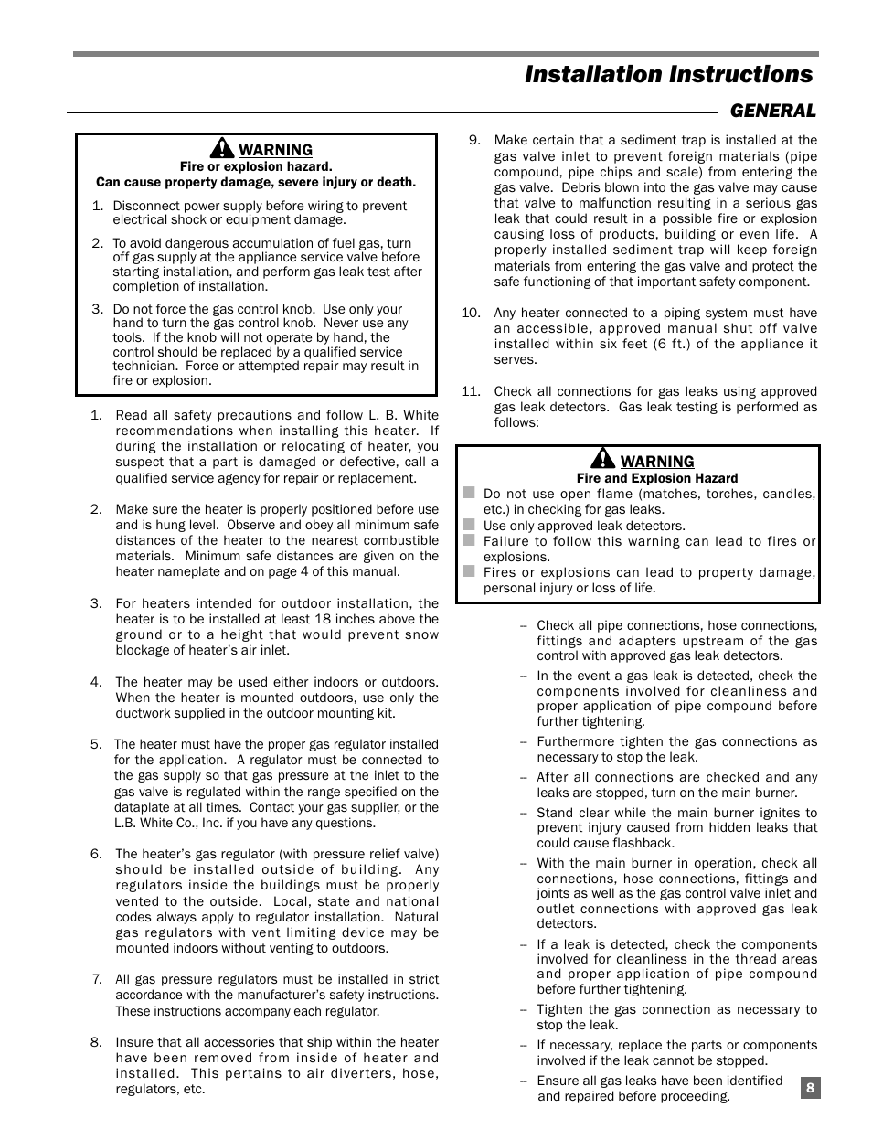 Installation instructions, General | L.B. White Guardian with Smart Sense / Direct Connect - Spark Ignition (250K) User Manual | Page 9 / 30