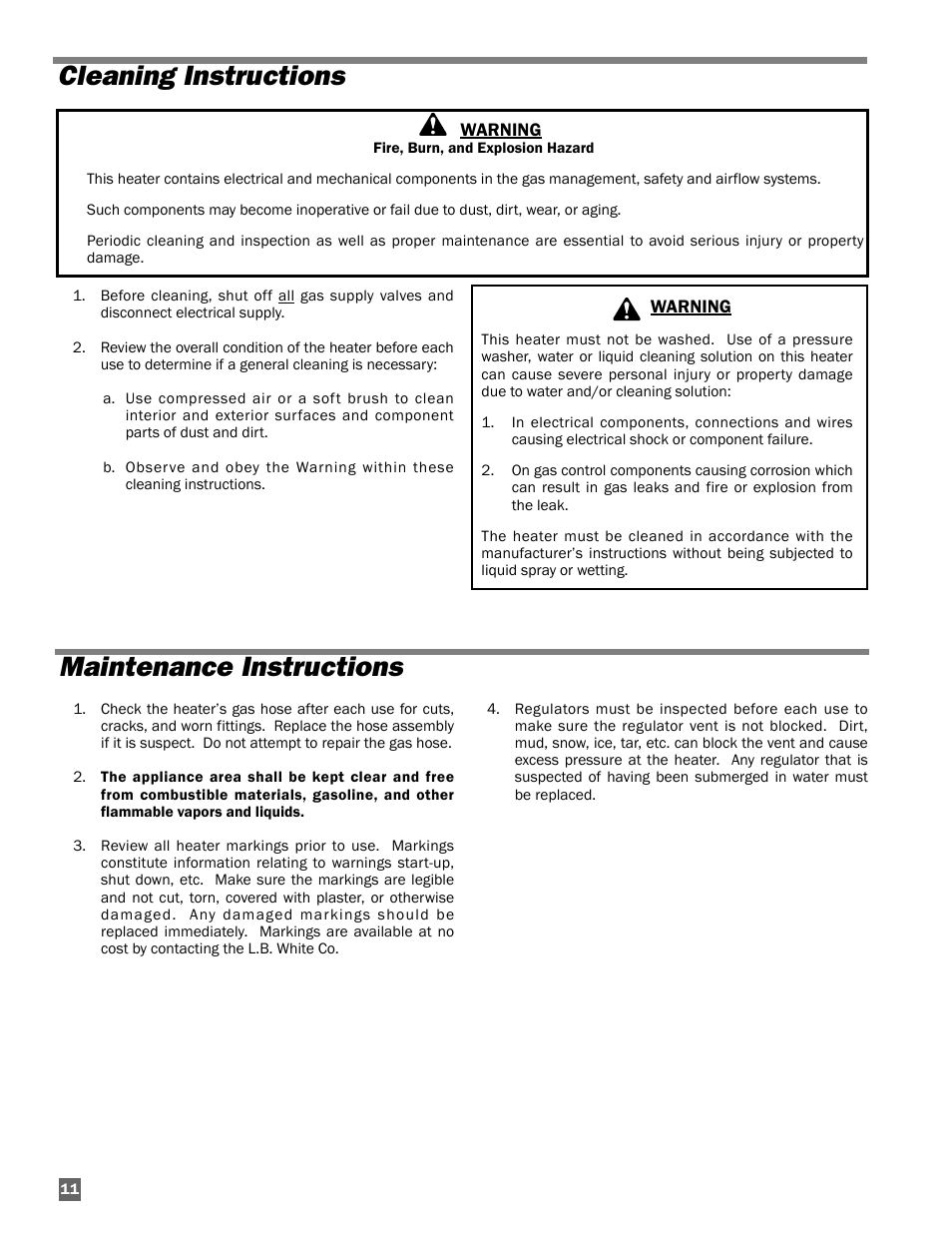 Cleaning instructions maintenance instructions | L.B. White 100 Tradesman Portable Forced Air User Manual | Page 12 / 24