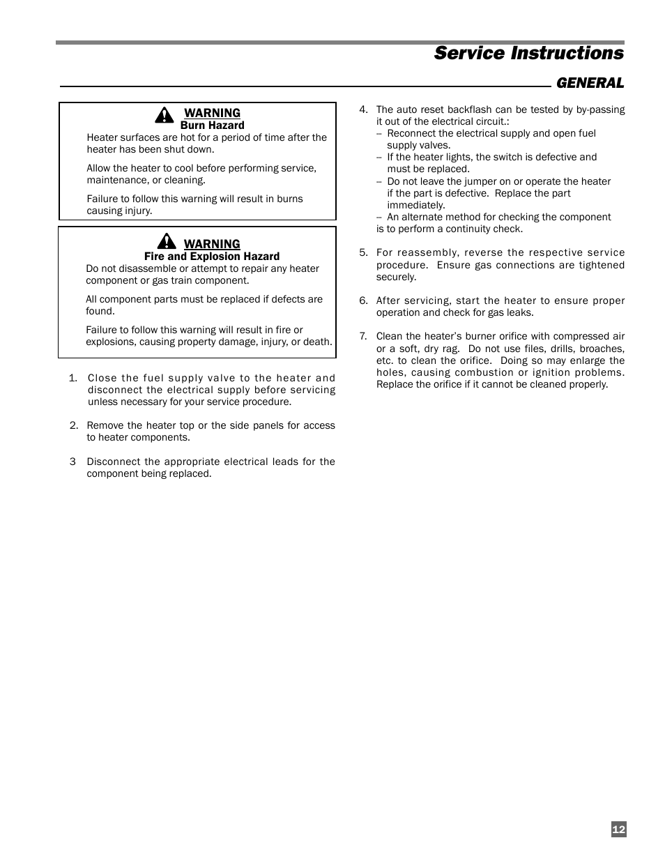 Service instructions, General | L.B. White 100 Tradesman Portable Forced Air User Manual | Page 13 / 24