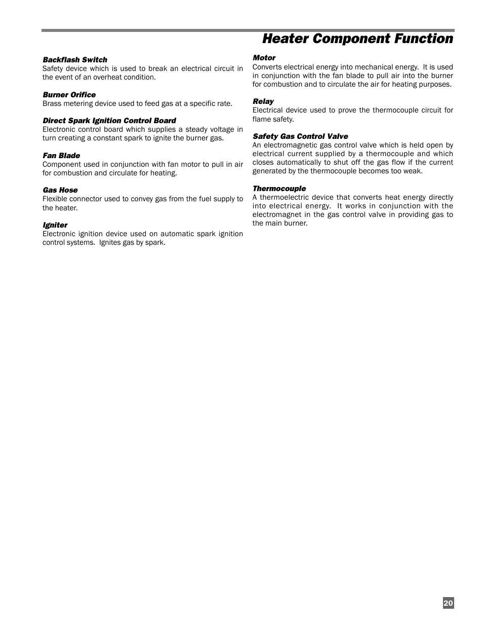 Heater component function | L.B. White 100 Tradesman Portable Forced Air User Manual | Page 21 / 24