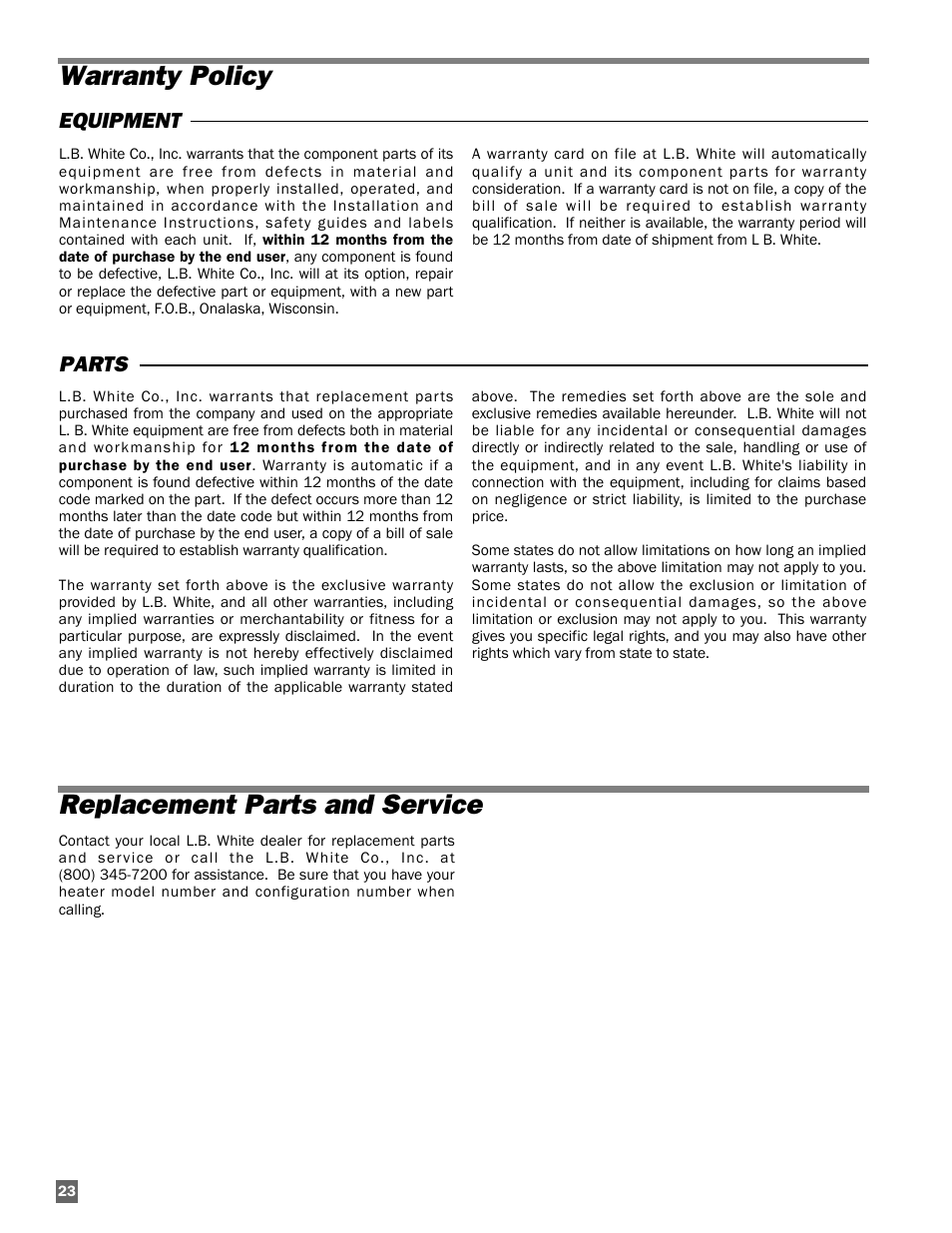 Warranty policy replacement parts and service, Equipment parts | L.B. White 100 Tradesman Portable Forced Air User Manual | Page 24 / 24