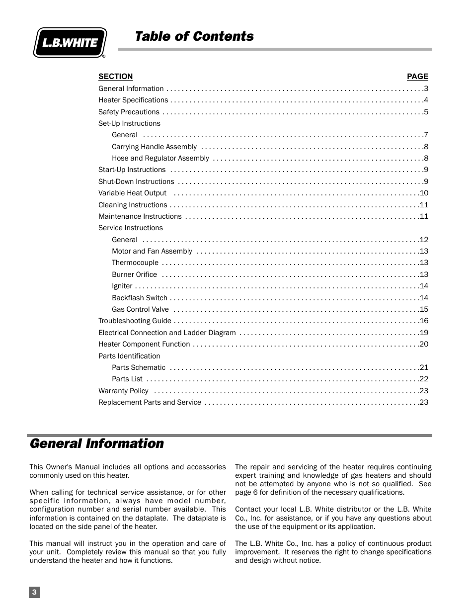 Table of contents general information | L.B. White 100 Tradesman Portable Forced Air User Manual | Page 4 / 24