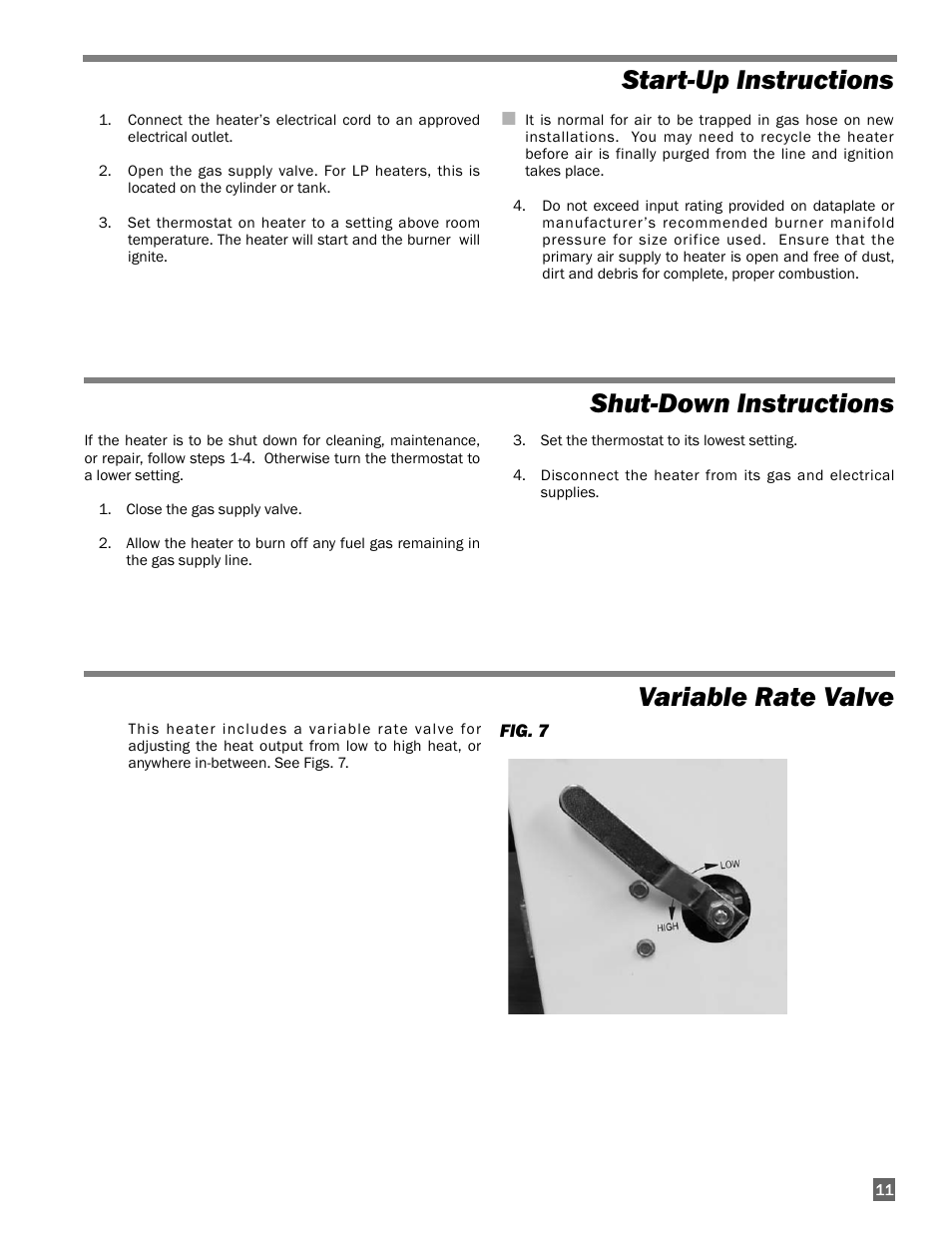 Start-up instructions, Shut-down instructions, Variable rate valve | L.B. White 170 Tradesman Portable Forced Air User Manual | Page 11 / 28