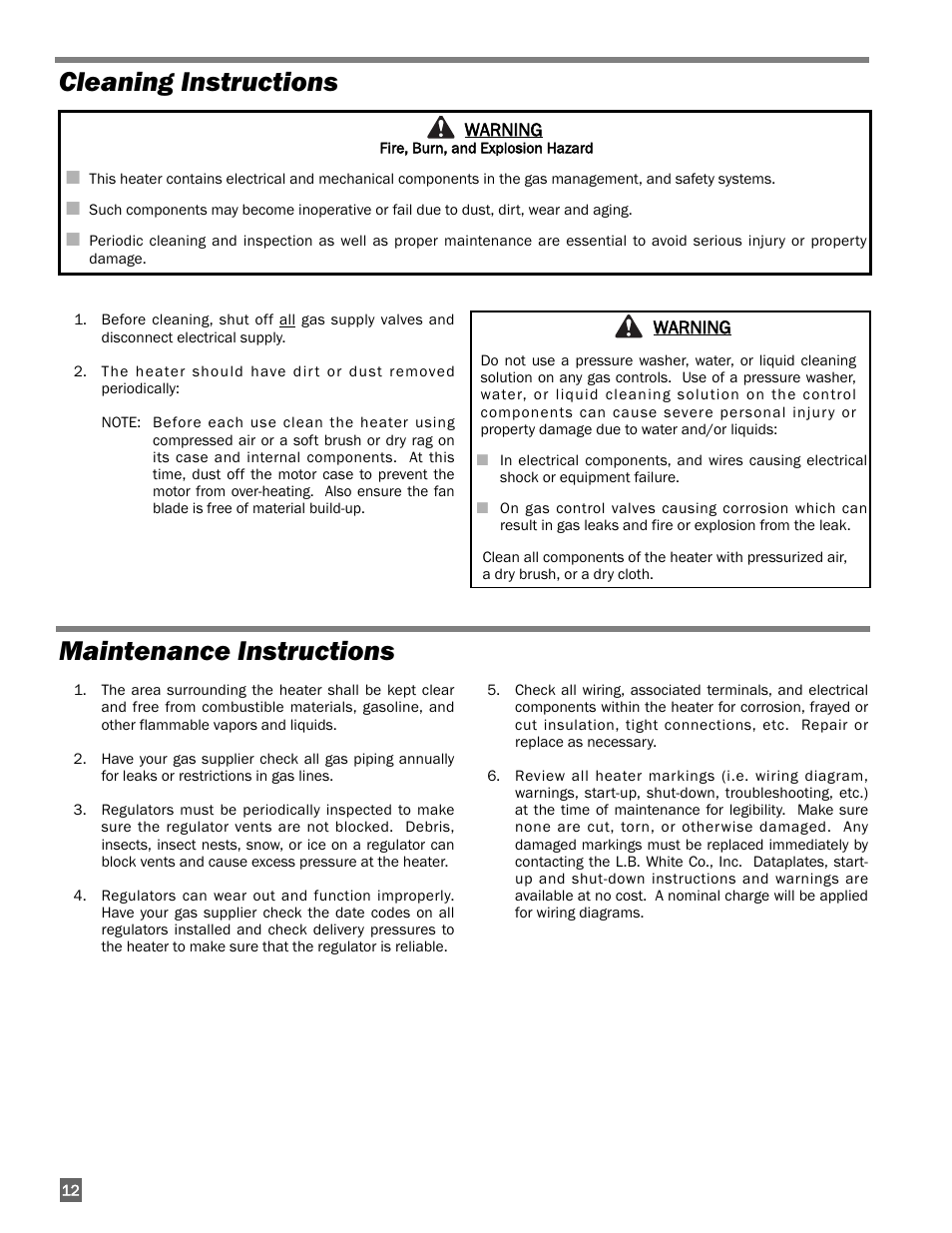 Maintenance instructions, Cleaning instructions | L.B. White 170 Tradesman Portable Forced Air User Manual | Page 12 / 28