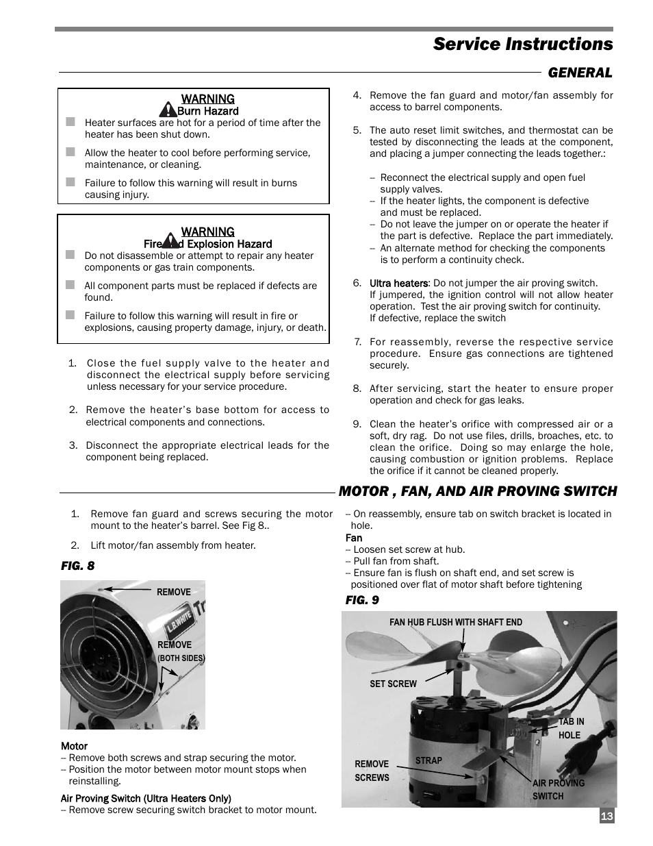 Service instructions, General motor , fan, and air proving switch | L.B. White 170 Tradesman Portable Forced Air User Manual | Page 13 / 28