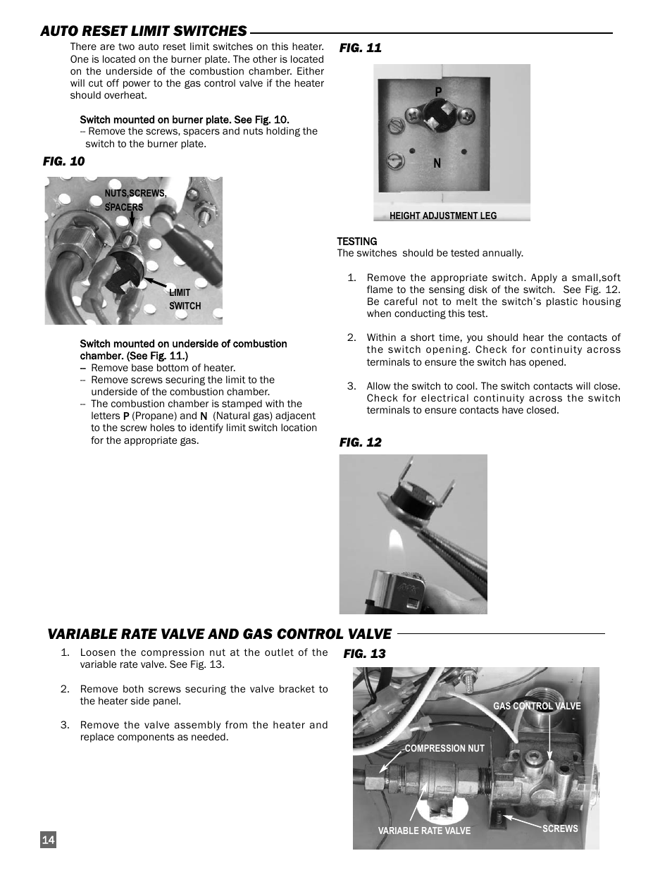 Variable rate valve and gas control valve, Auto reset limit switches | L.B. White 170 Tradesman Portable Forced Air User Manual | Page 14 / 28