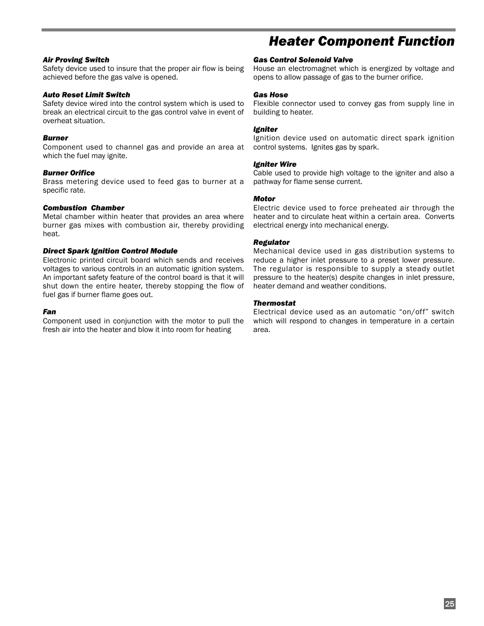 Heater component function | L.B. White 170 Tradesman Portable Forced Air User Manual | Page 25 / 28