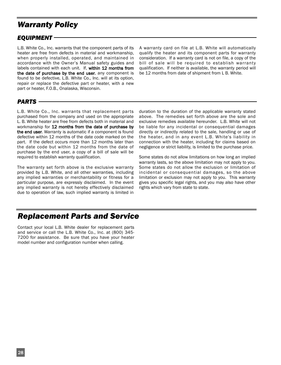 Warranty policy replacement parts and service | L.B. White 170 Tradesman Portable Forced Air User Manual | Page 28 / 28