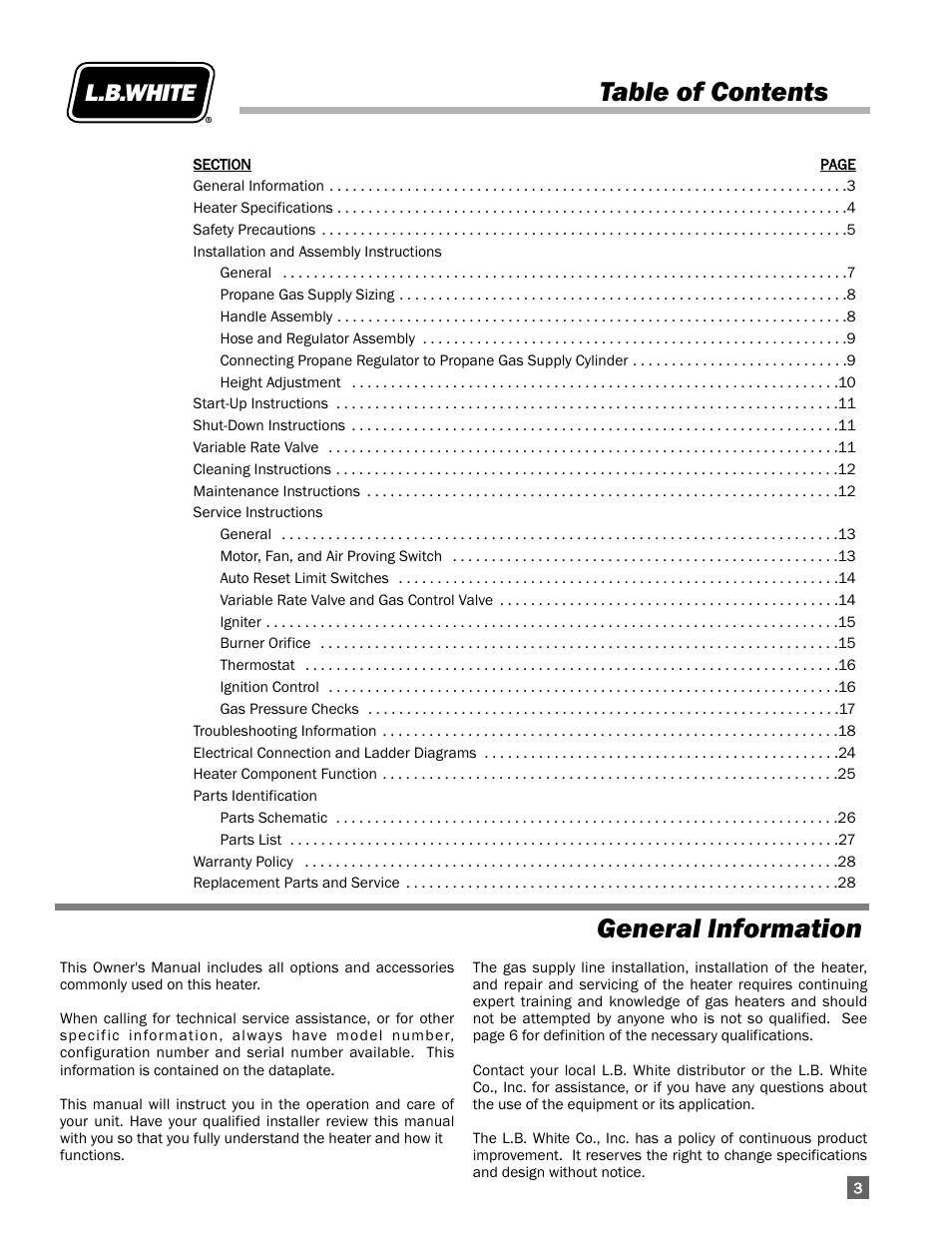 Table of contents general information | L.B. White 170 Tradesman Portable Forced Air User Manual | Page 3 / 28