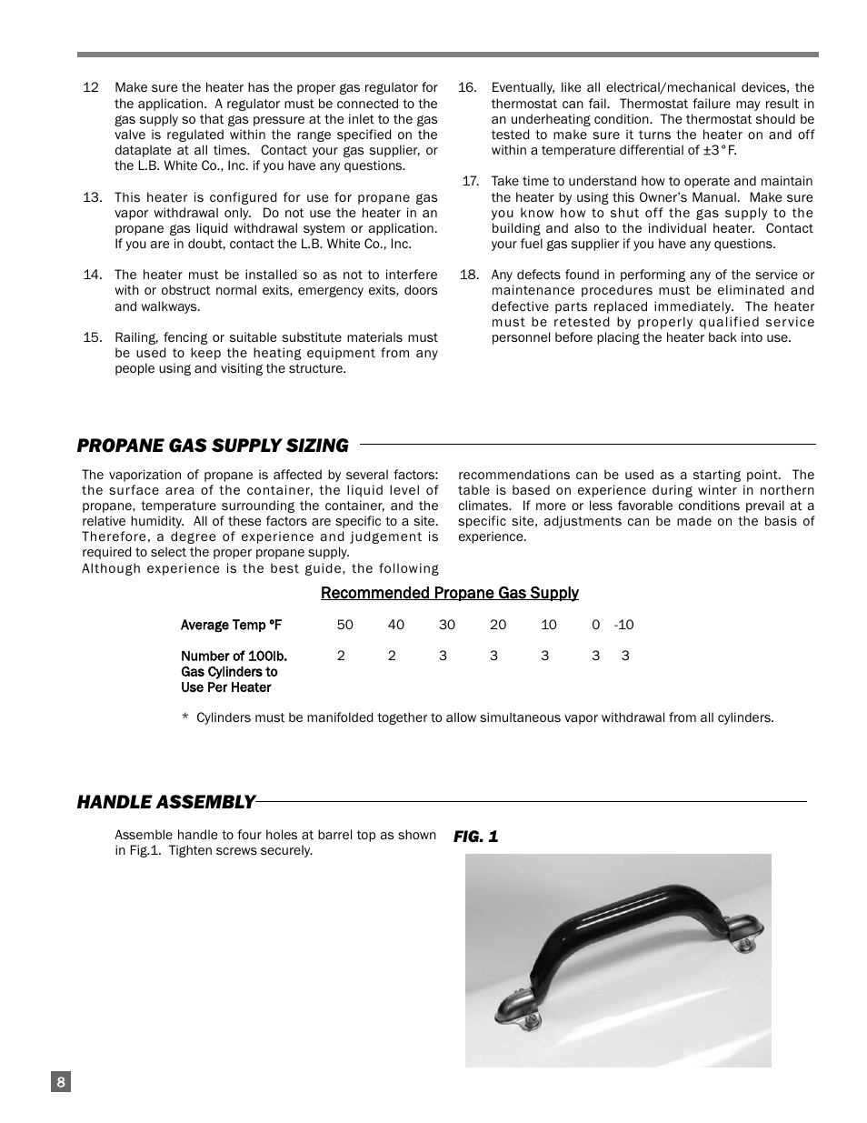 Handle assembly, Propane gas supply sizing | L.B. White 170 Tradesman Portable Forced Air User Manual | Page 8 / 28