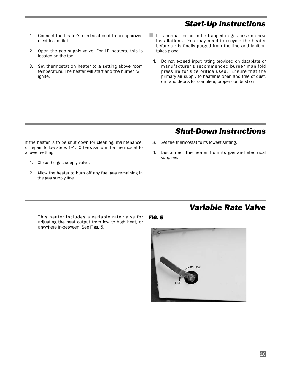 Start-up instructions, Shut-down instructions, Variable rate valve | L.B. White 400 Tradesman Portable Forced Air User Manual | Page 11 / 30