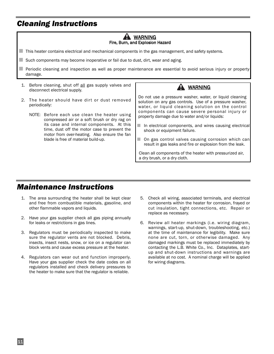 Maintenance instructions, Cleaning instructions | L.B. White 400 Tradesman Portable Forced Air User Manual | Page 12 / 30