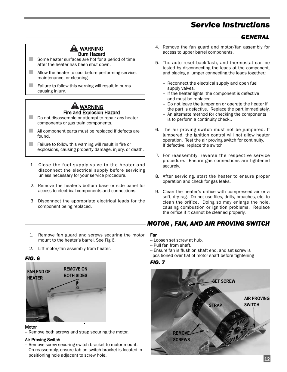 Service instructions, General motor , fan, and air proving switch | L.B. White 400 Tradesman Portable Forced Air User Manual | Page 13 / 30