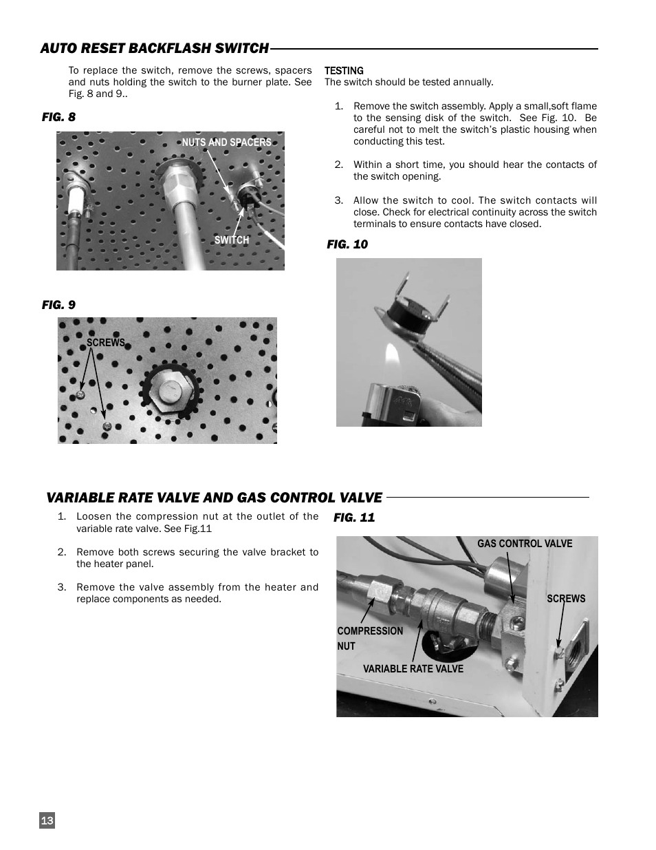 Auto reset backflash switch, Variable rate valve and gas control valve | L.B. White 400 Tradesman Portable Forced Air User Manual | Page 14 / 30