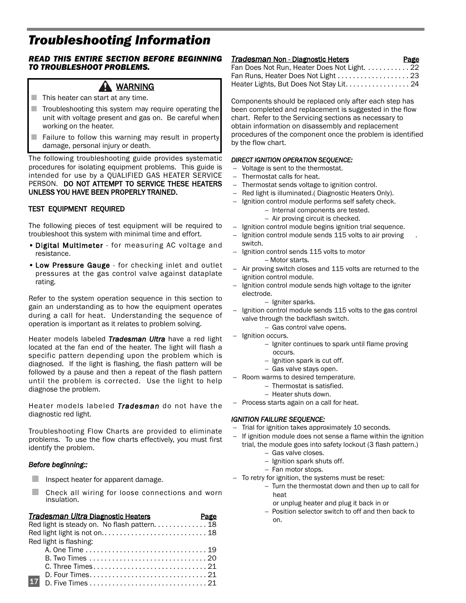 Troubleshooting information | L.B. White 400 Tradesman Portable Forced Air User Manual | Page 18 / 30