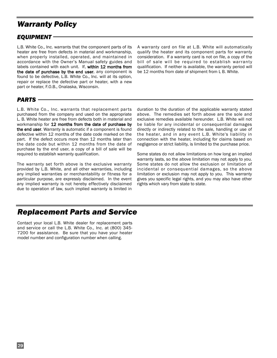 Warranty policy replacement parts and service | L.B. White 400 Tradesman Portable Forced Air User Manual | Page 30 / 30