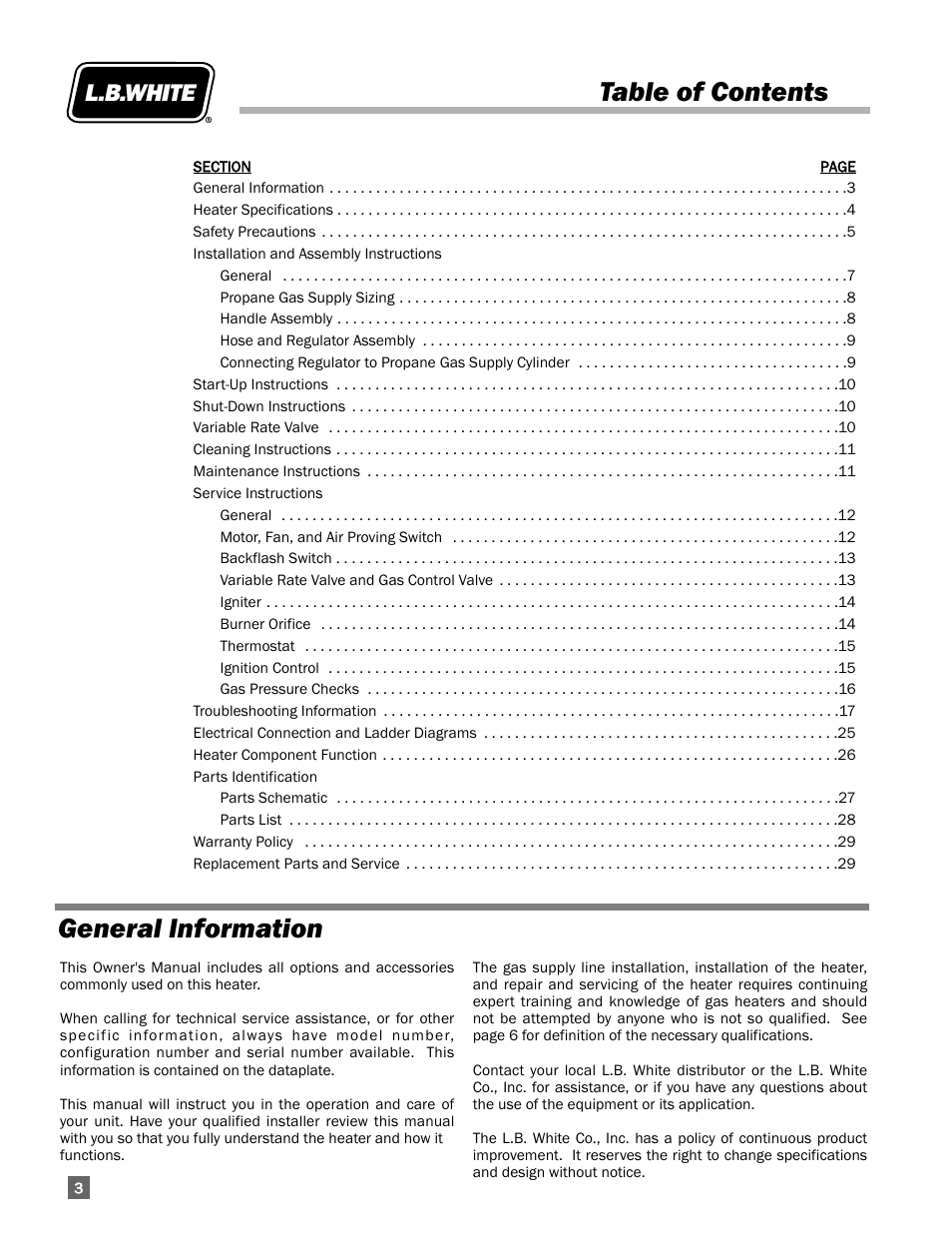 Table of contents general information | L.B. White 400 Tradesman Portable Forced Air User Manual | Page 4 / 30