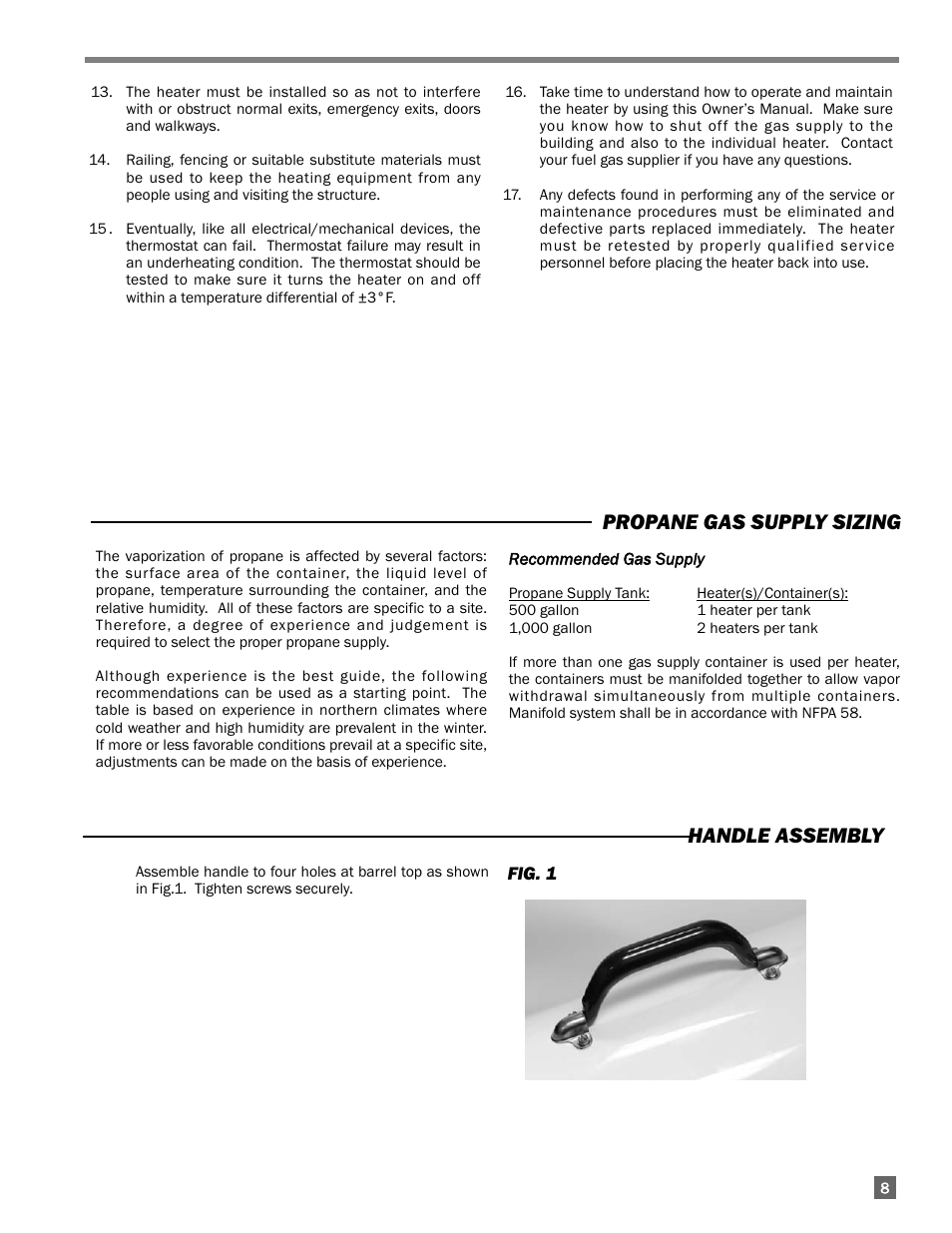 Handle assembly, Propane gas supply sizing | L.B. White 400 Tradesman Portable Forced Air User Manual | Page 9 / 30