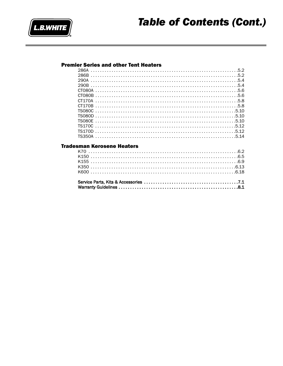 Table of contents (cont.) | L.B. White Portable Gas Heaters User Manual | Page 3 / 99