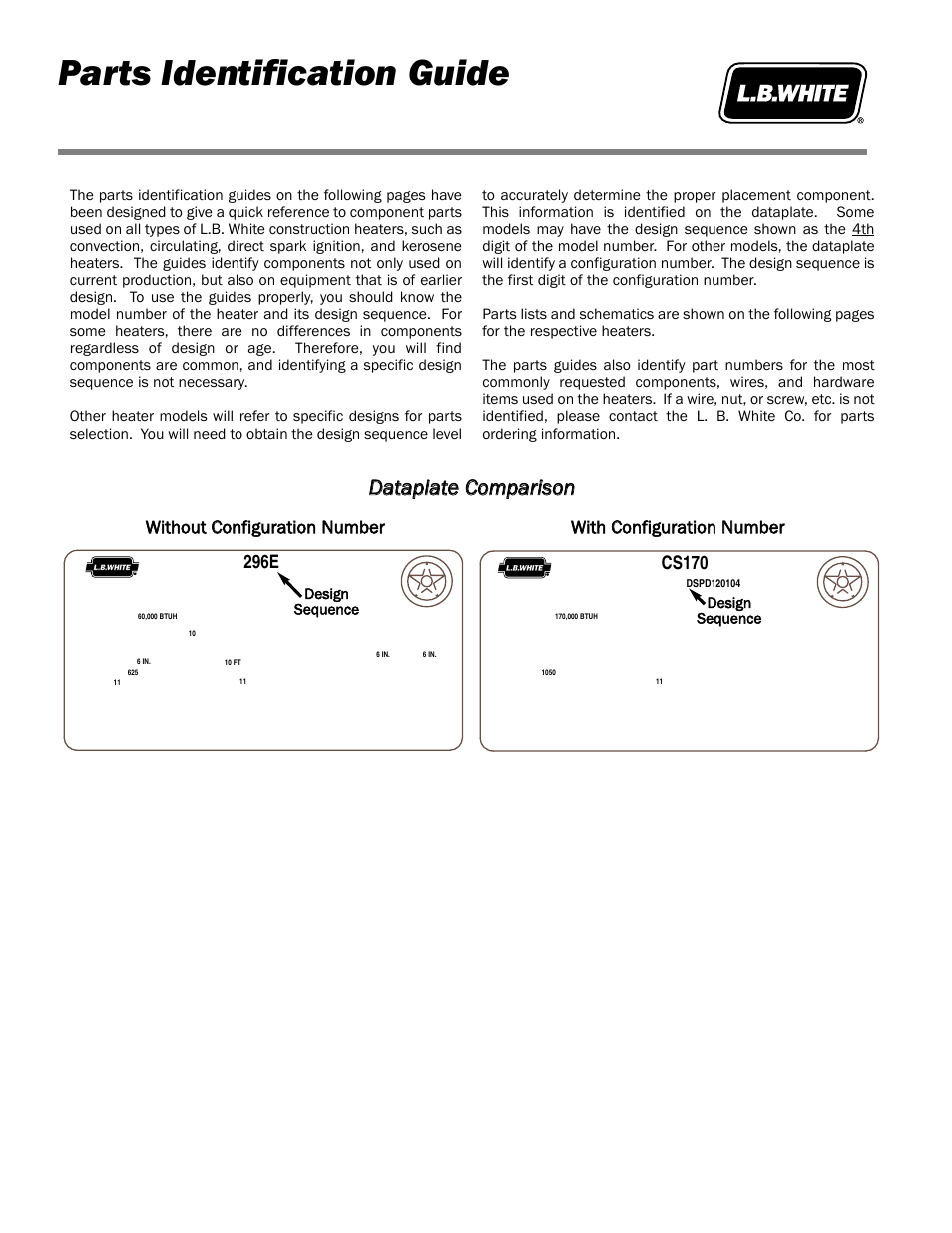 Parts identification guide, Ddaattaappllaattee c coom mppaarriissoonn, Without c configuration n number | With c configuration n number, Model aw075ehp3, Model aw060 | L.B. White Portable Gas Heaters User Manual | Page 4 / 99