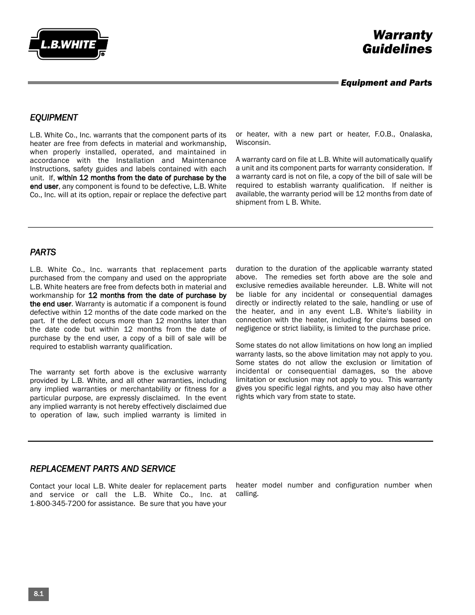 Warranty guidelines | L.B. White Portable Gas Heaters User Manual | Page 98 / 99