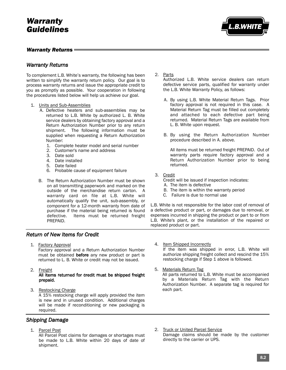 Warranty guidelines | L.B. White Portable Gas Heaters User Manual | Page 99 / 99