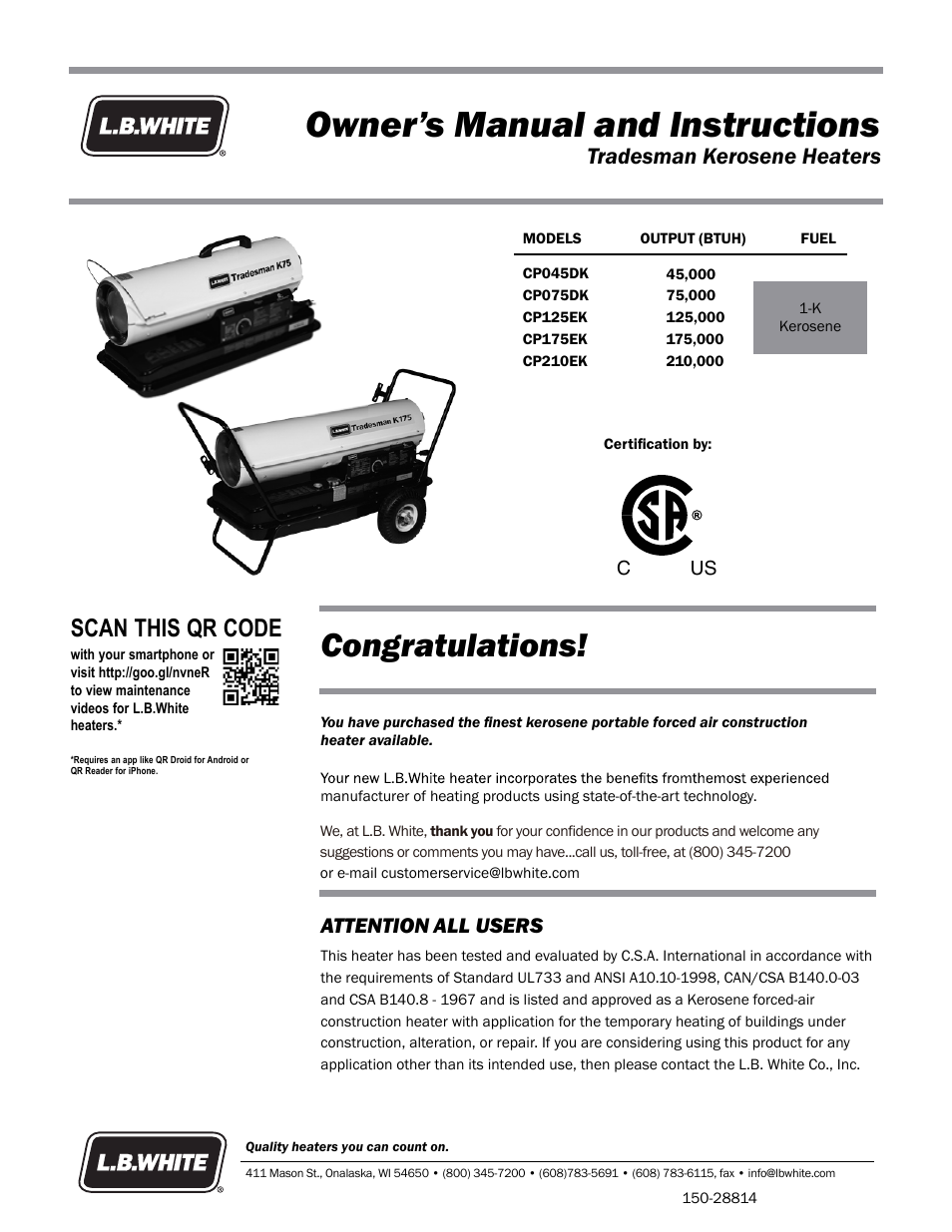 L.B. White 125-210K Tradesman User Manual | 30 pages