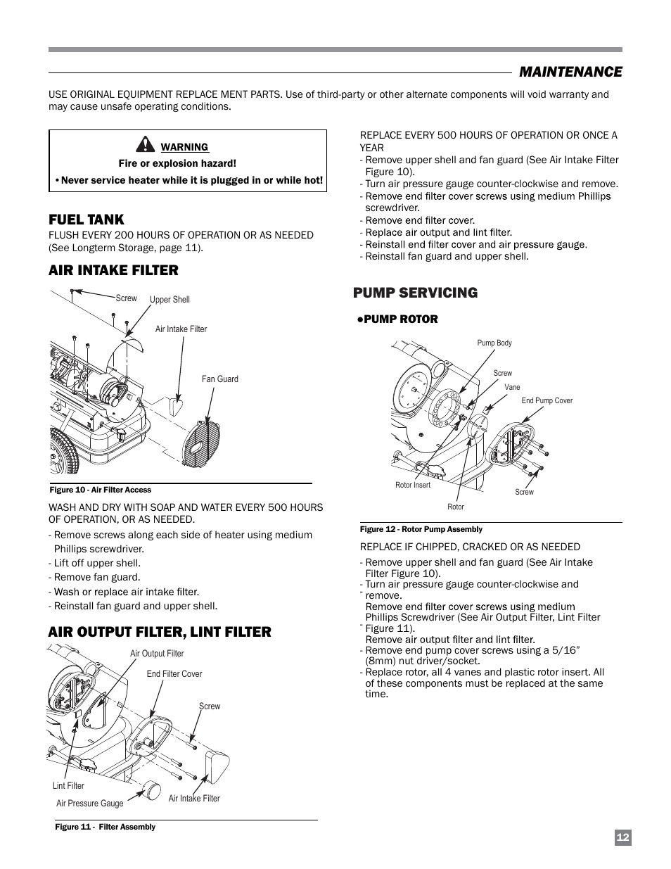 Maintenance, Fuel tank pump servicing air intake filter, Air output filter, lint filter | L.B. White 125-210K Tradesman User Manual | Page 13 / 30