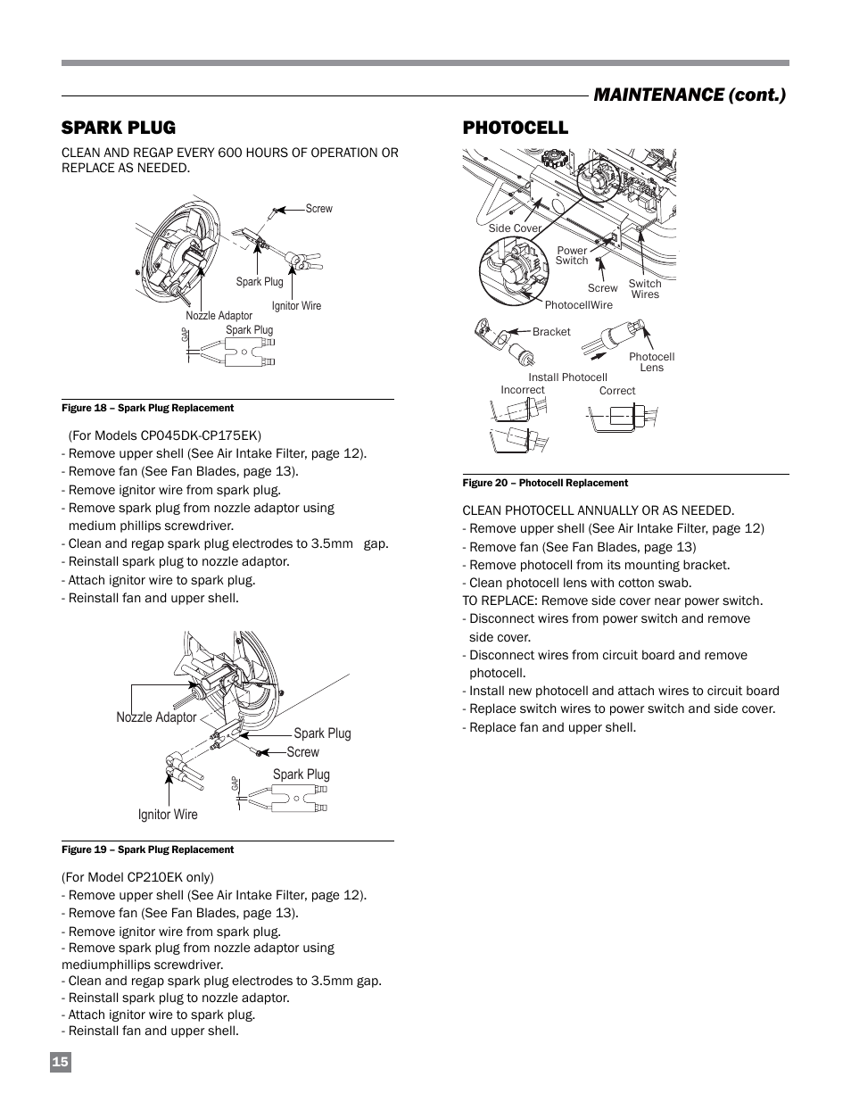 Maintenance (cont.), Spark plug photocell | L.B. White 125-210K Tradesman User Manual | Page 16 / 30