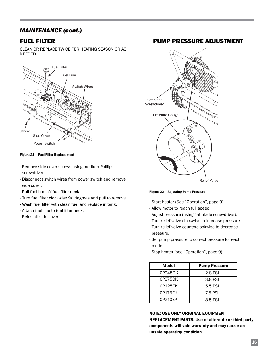 Maintenance (cont.) fuel filter, Pump pressure adjustment | L.B. White 125-210K Tradesman User Manual | Page 17 / 30