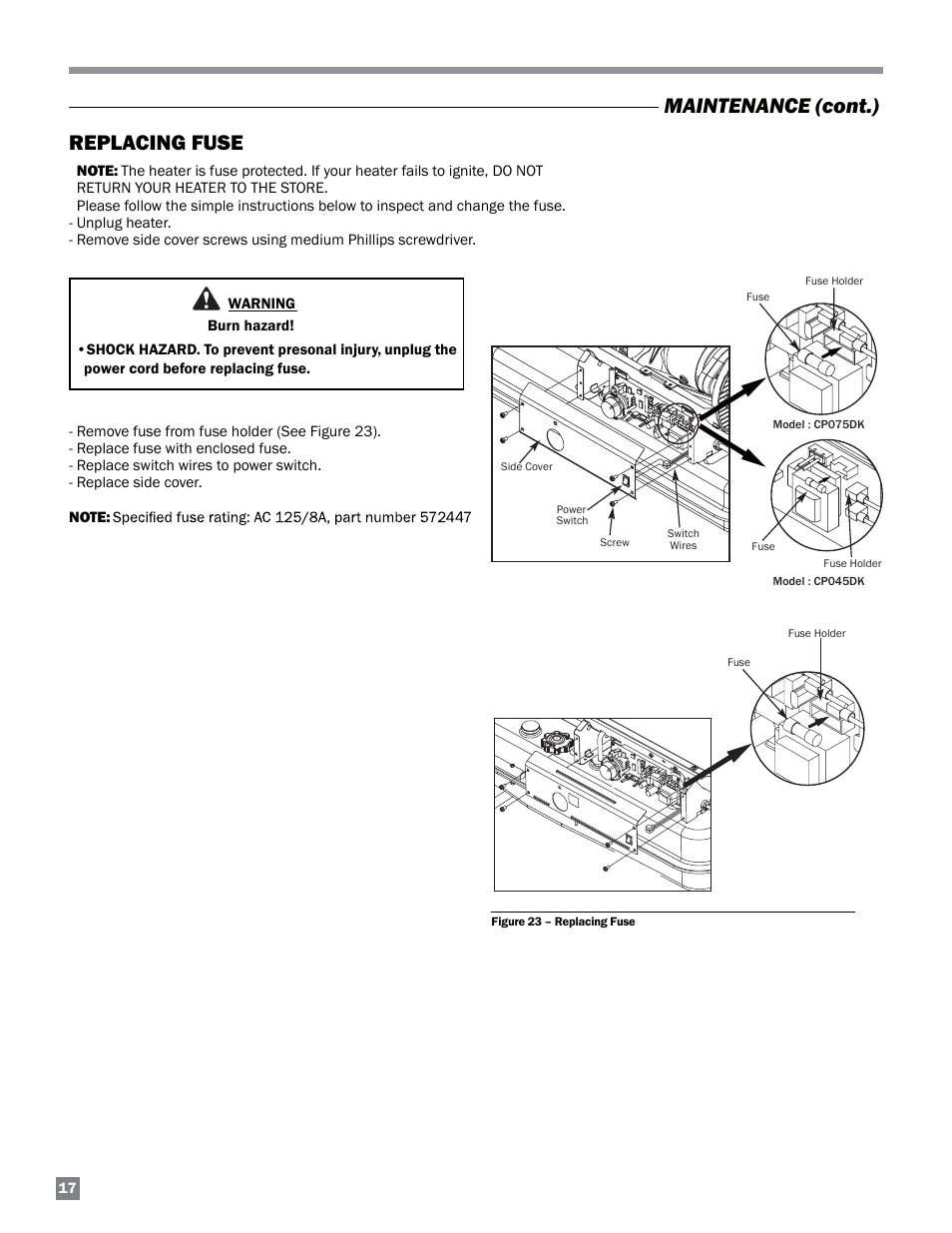 Maintenance (cont.) replacing fuse | L.B. White 125-210K Tradesman User Manual | Page 18 / 30