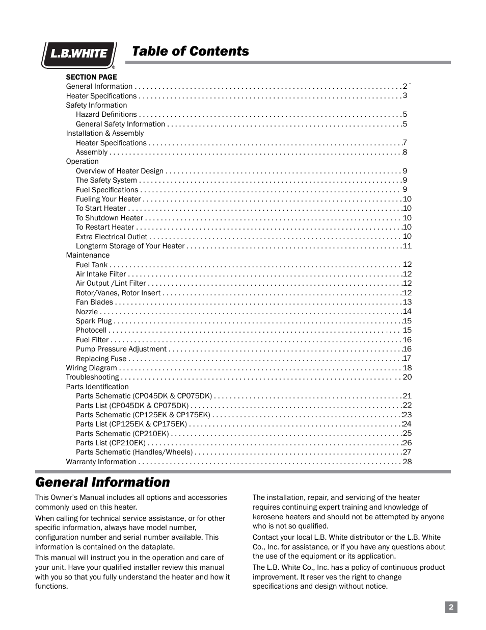 Table of contents general information | L.B. White 125-210K Tradesman User Manual | Page 3 / 30